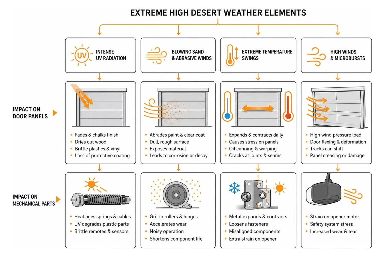 Diagram showing how extreme high desert weather elements like UV rays wind and temperature swings impact garage door panels