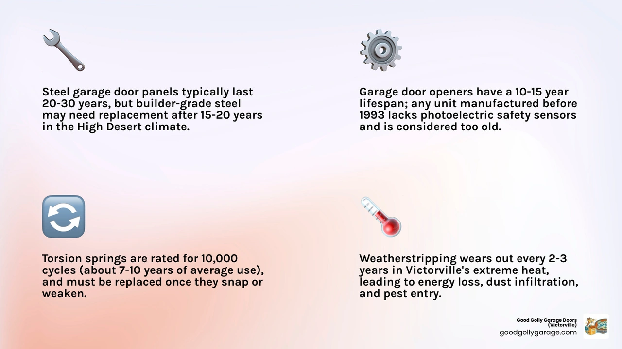 Infographic showing lifespan of garage door components: panels 15-30 years, openers 10-15 years, springs 7-10 years Infographic showing lifespan of garage door components: panels 15-30 years, openers 10-15 years, springs 7-10 years
