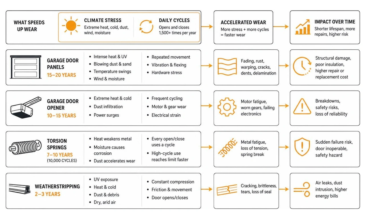 Diagram showing how climate and daily cycles accelerate garage door component wear over time Diagram showing how climate and daily cycles accelerate garage door component wear over time