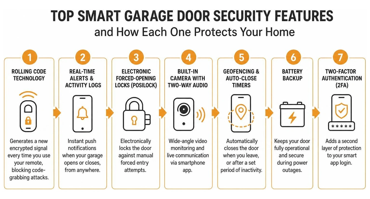 Infographic showing the top smart garage door security features and how each one protects your home