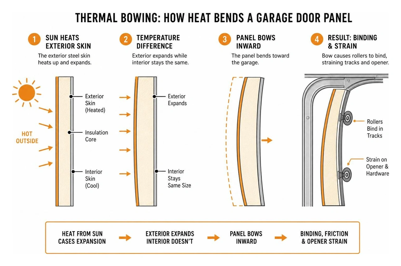 diagram showing how thermal bowing bends a garage door panel when the exterior skin expands in the sun