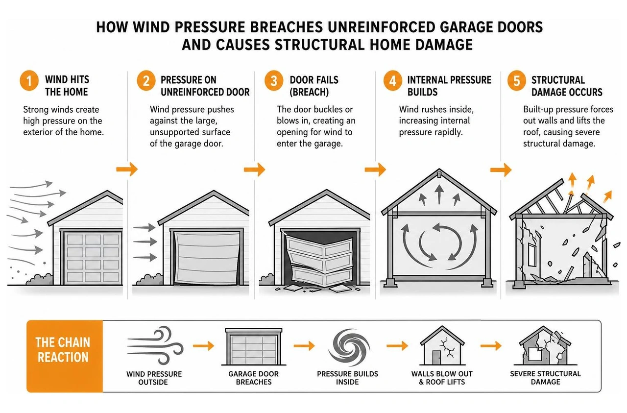diagram showing how wind pressure breaches unreinforced garage doors and causes structural home damage