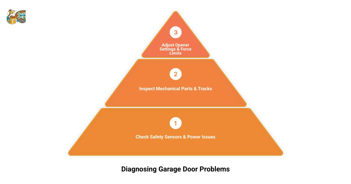 3-step garage door diagnostic process infographic showing sensors, mechanical parts, and opener settings infographic