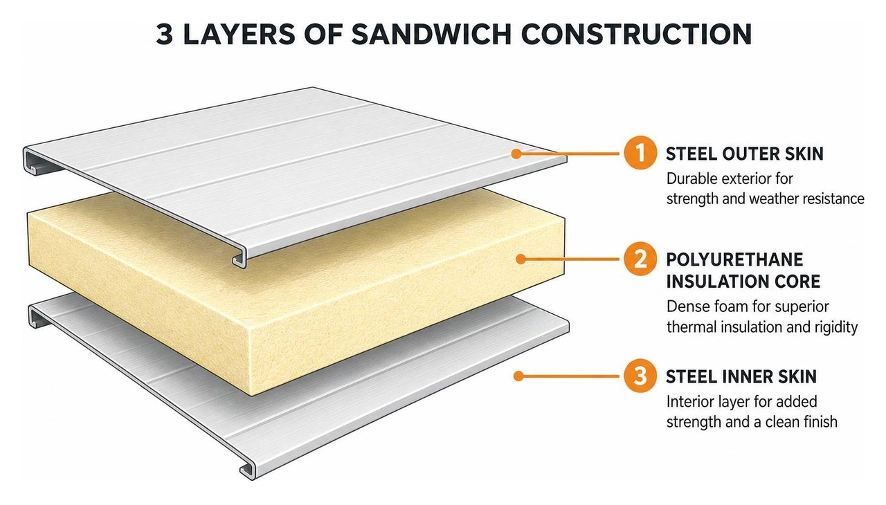 Diagram showing the three layers of a sandwich construction garage door
