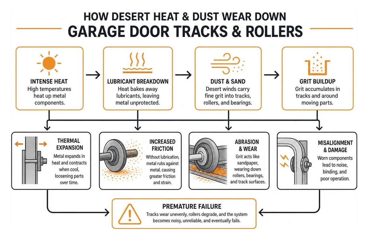 Diagram showing how desert heat and dust wear down garage door tracks and rollers