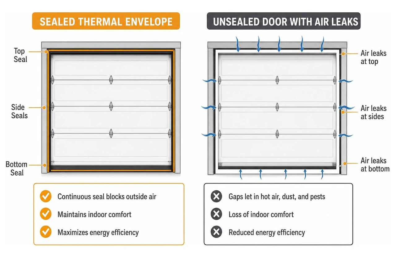 diagram showing the difference between a sealed thermal envelope and an unsealed door with air leaks
