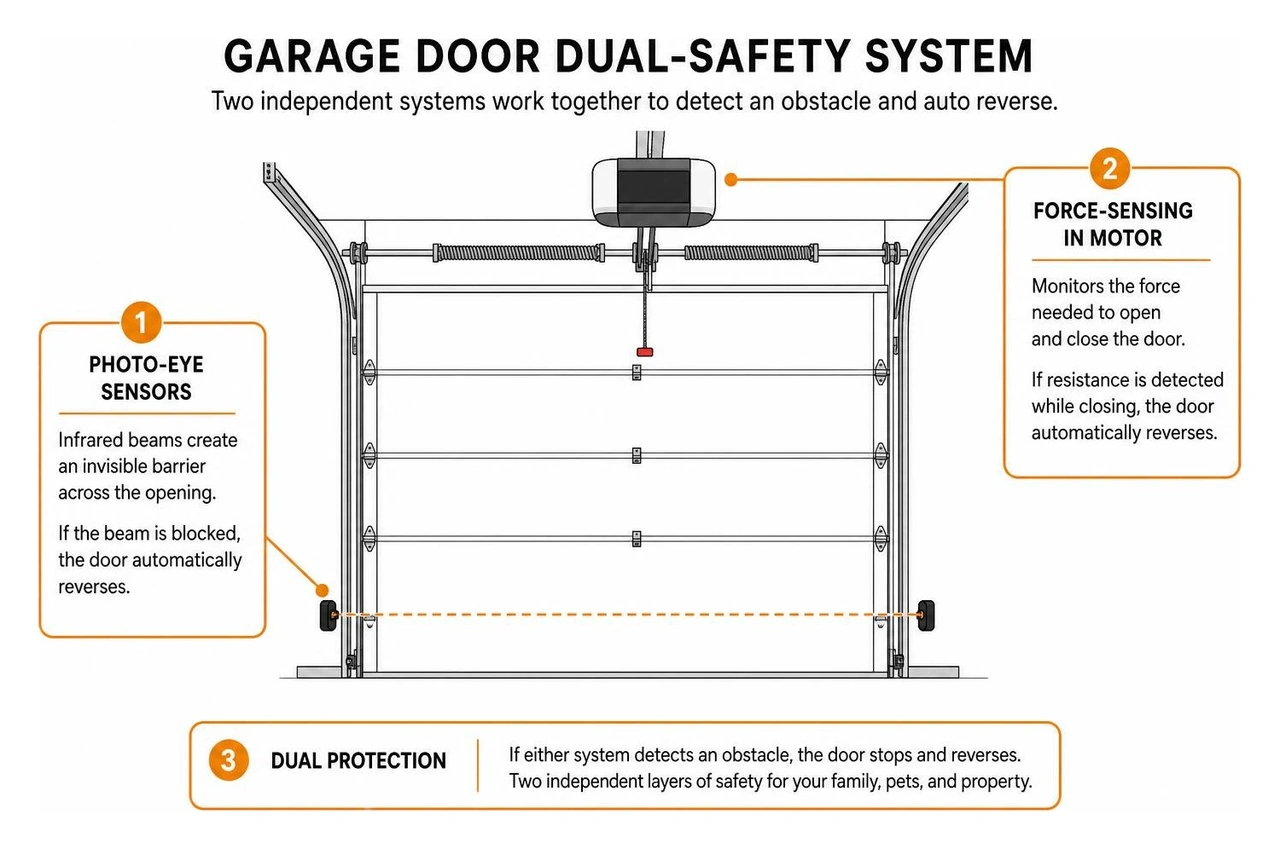 A diagram showing the dual-safety layout of a garage door with photo-eyes near the floor and force-sensing in the overhead