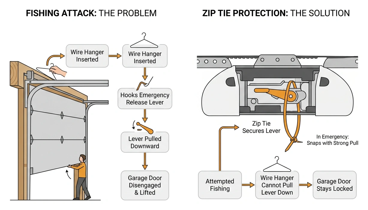 diagram illustrating the mechanics of a garage door fishing attack and how a zip tie blocks it