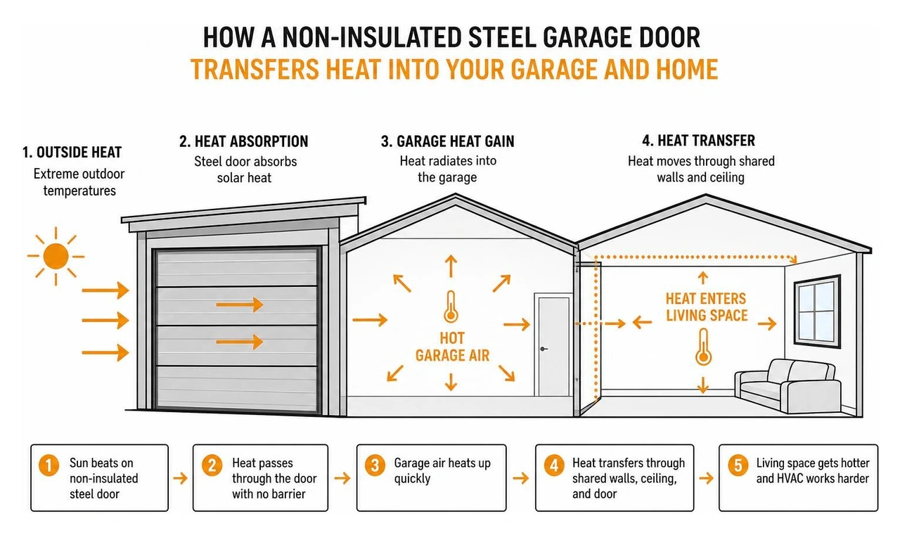 infographic showing how a non-insulated steel garage door transfers heat into a garage and adjacent living space