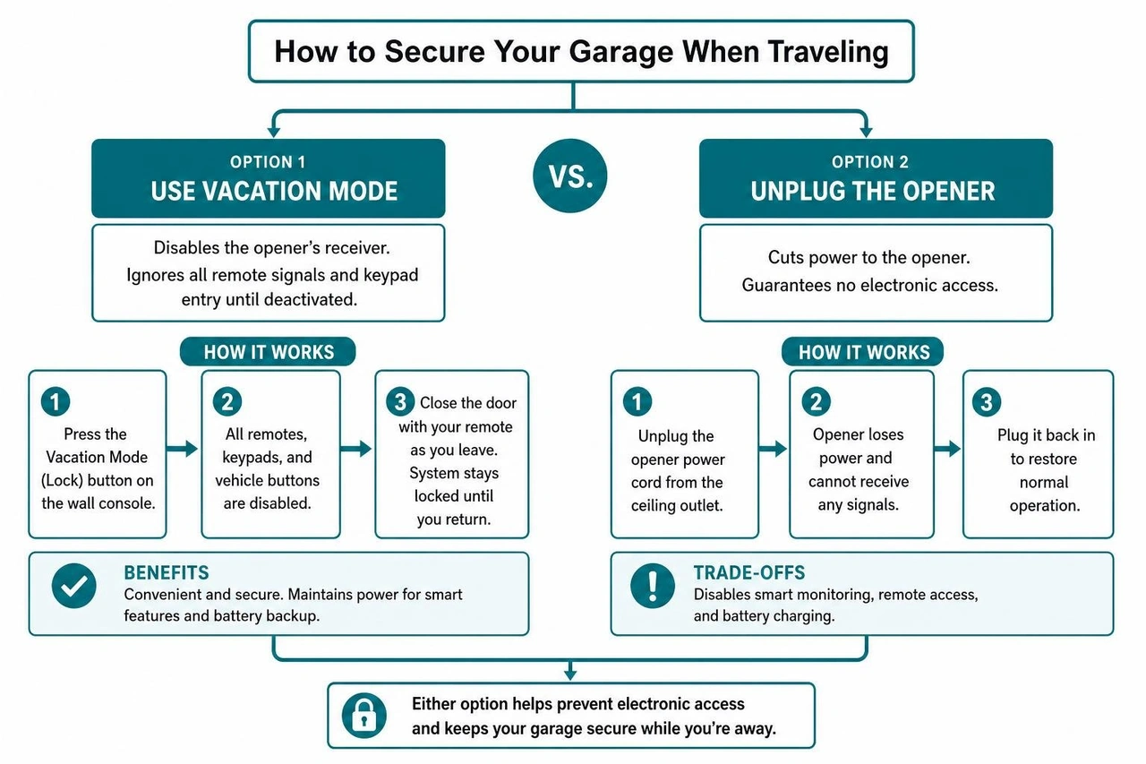 decision tree comparing vacation mode vs unplugging garage opener
