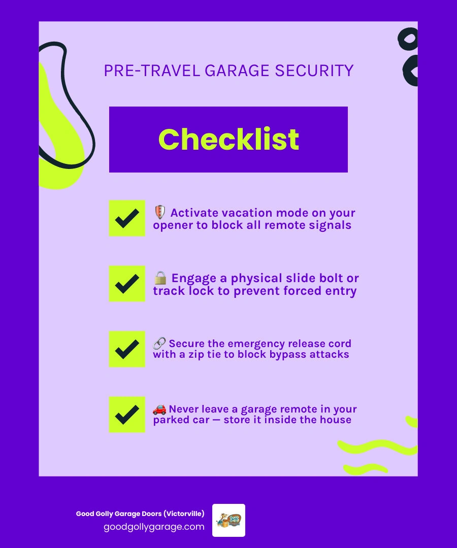 Infographic showing 7 steps to secure your garage when traveling: vacation mode, slide bolt, zip tie release cord, window