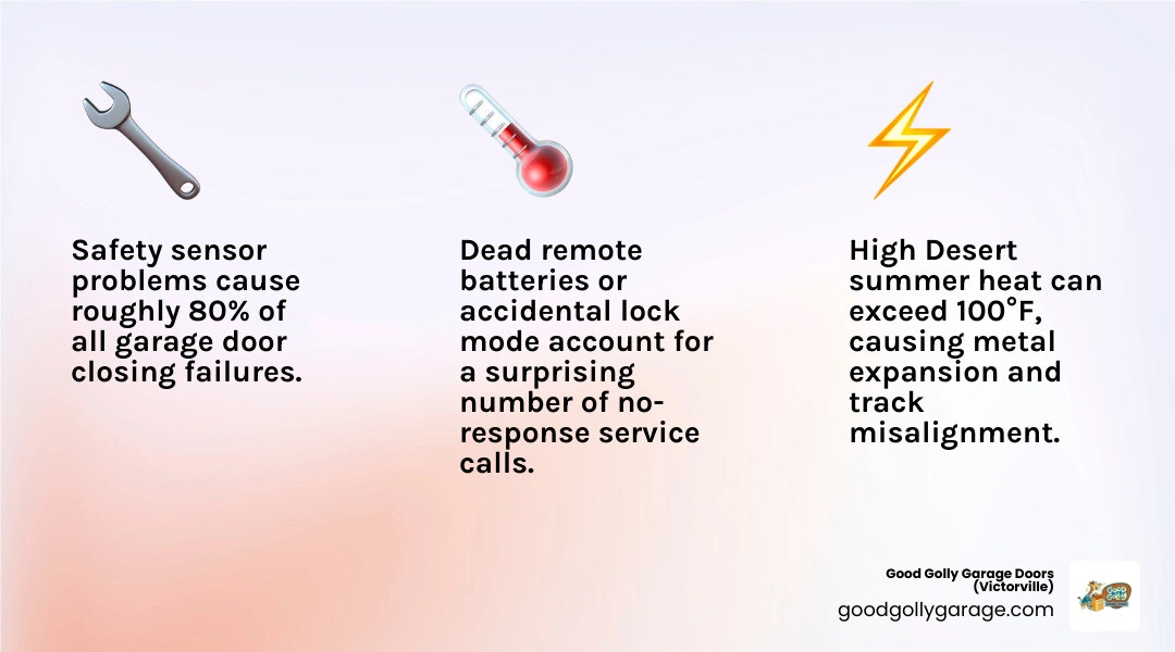 infographic showing main garage door components including springs, sensors, tracks, opener, and cables with common failure