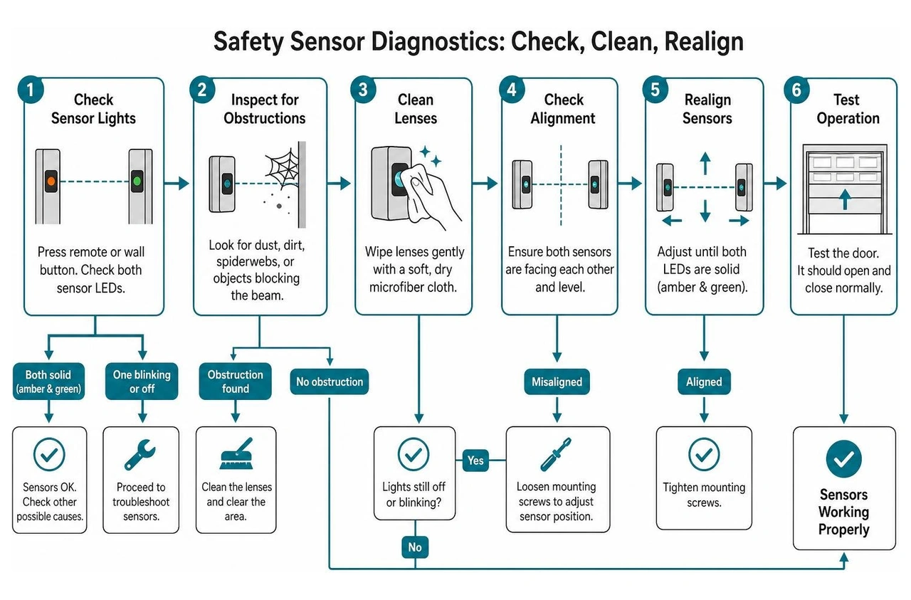 flowchart illustrating safety sensor diagnostics from checking lights to cleaning and realigning lenses