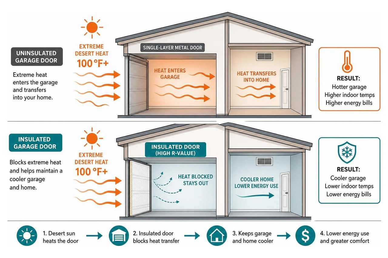Diagram showing how an insulated garage door blocks extreme desert heat from entering the garage and home