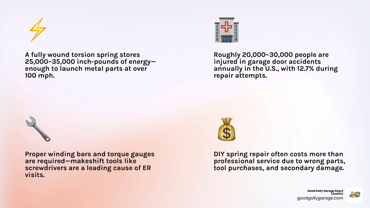 infographic showing why garage door spring repair should never be DIY with key risks and safety facts infographic