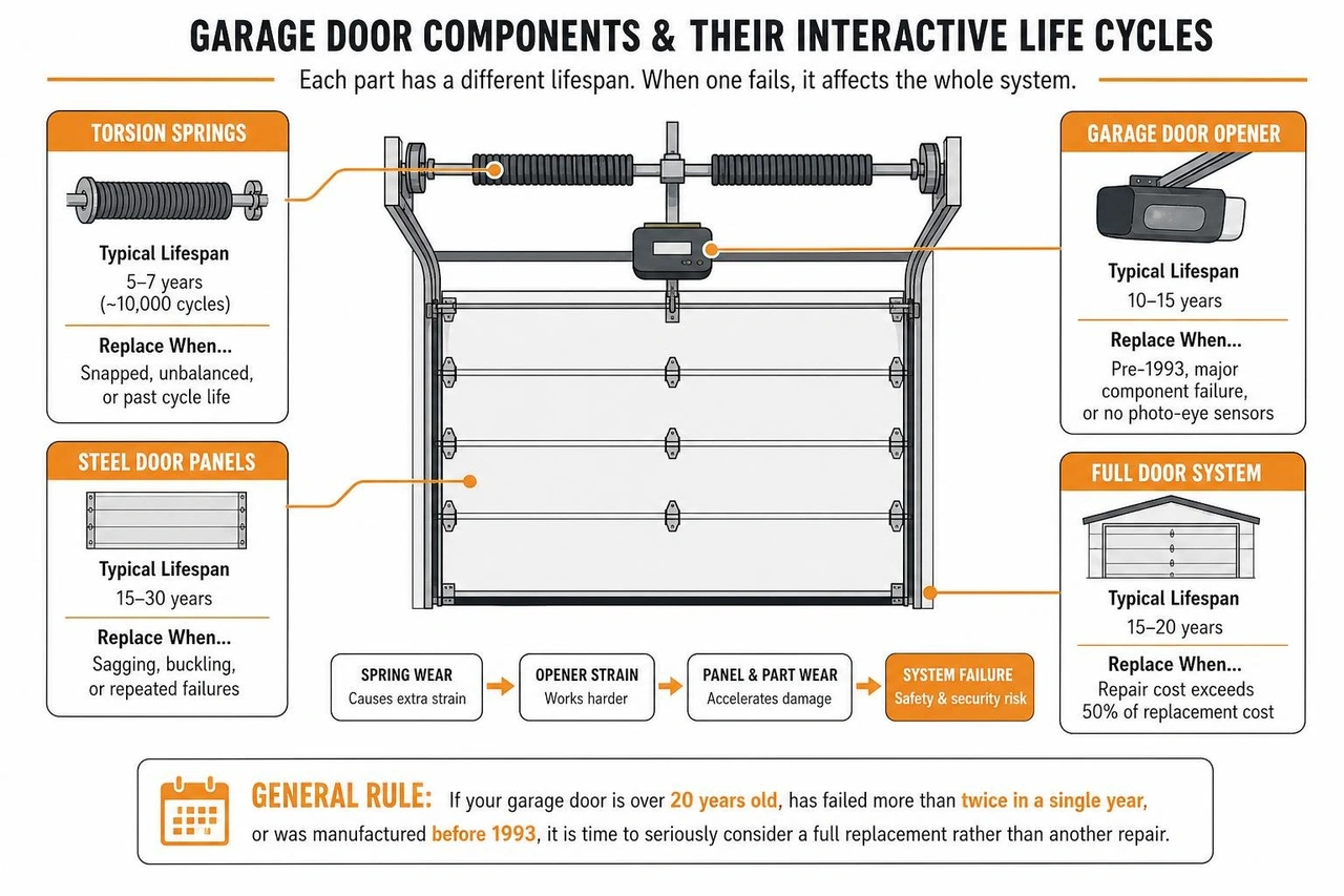 diagram of garage door components and their interactive life cycles