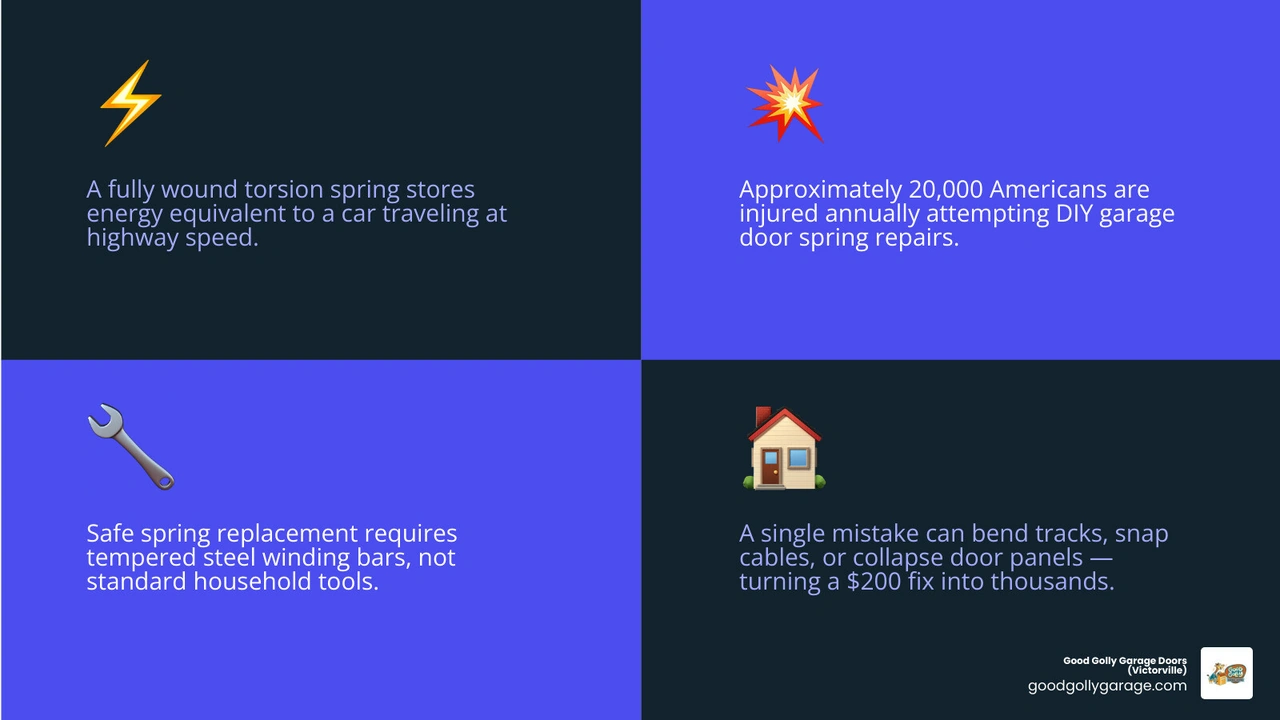 infographic showing top reasons why DIY garage door spring repair is dangerous infographic
