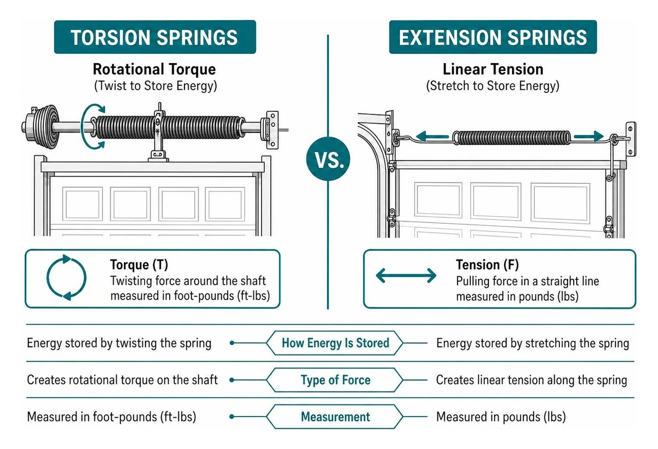comparison of torsion spring rotational torque vs extension spring linear tension