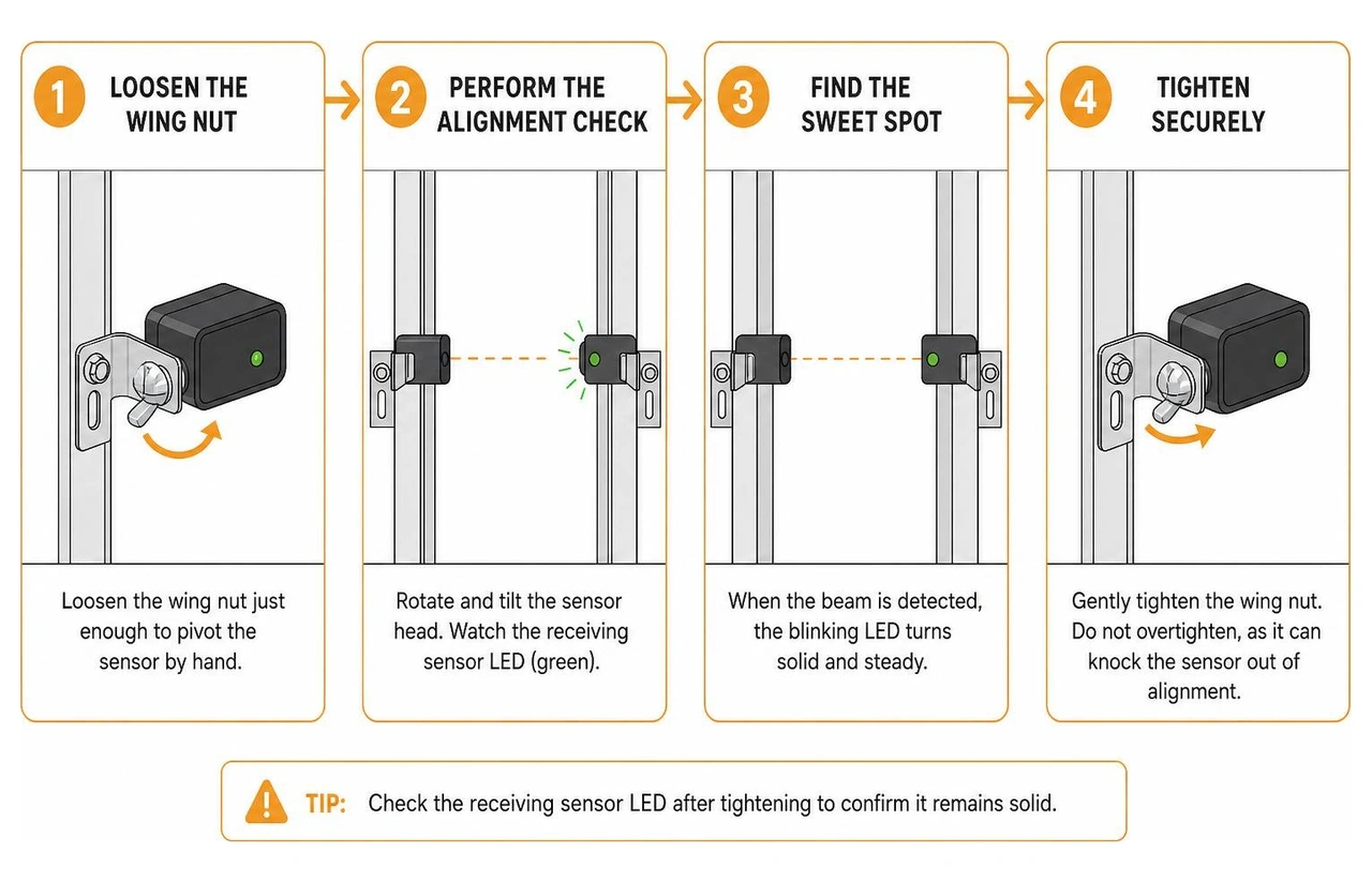 Step-by-step diagram of aligning garage door safety sensors