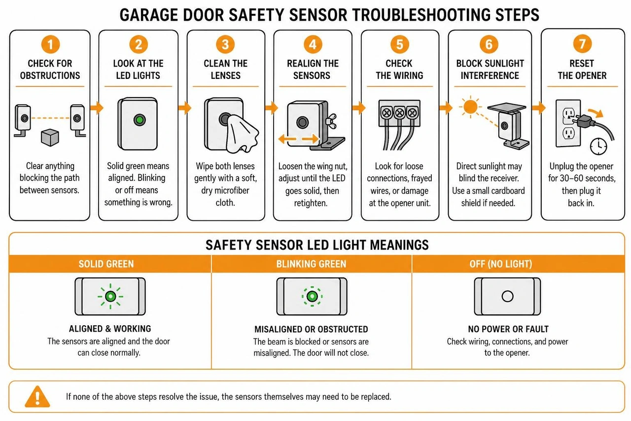 Quick-reference infographic of garage door safety sensor troubleshooting tips and LED light meanings