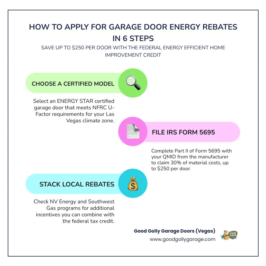 6-step infographic showing how to apply for garage door energy rebates from product selection to IRS filing infographic
