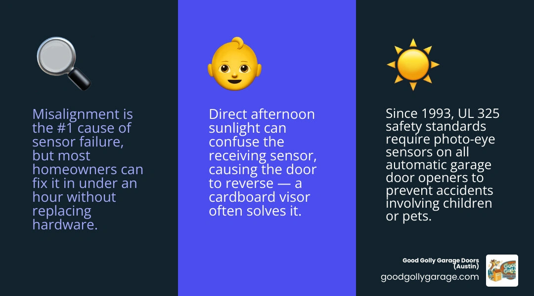 infographic showing how garage door infrared photo-eye sensors work and common causes of failure infographic