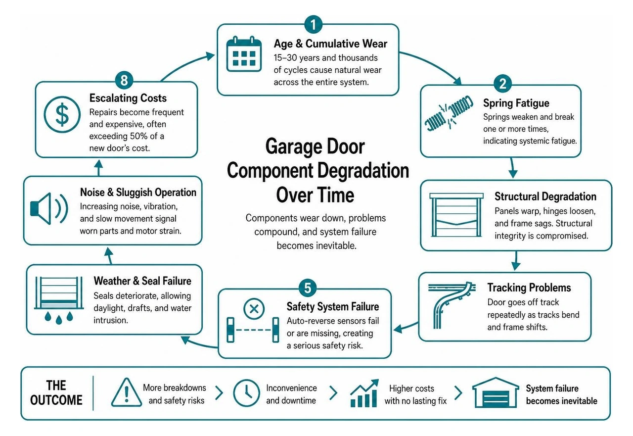 diagram illustrating the cycle of garage door component degradation over time