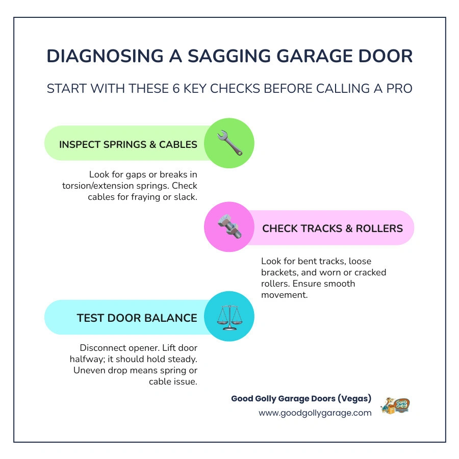 infographic showing 6 key areas to check on a sagging or uneven garage door infographic infographic showing 6 key areas to check on a sagging or uneven garage door infographic