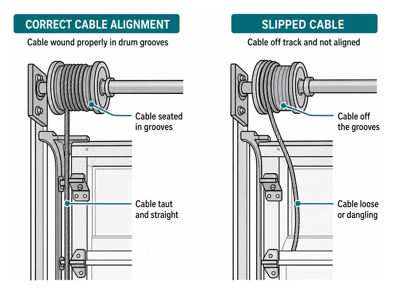 diagram showing correct cable drum alignment vs slipped cable diagram showing correct cable drum alignment vs slipped cable