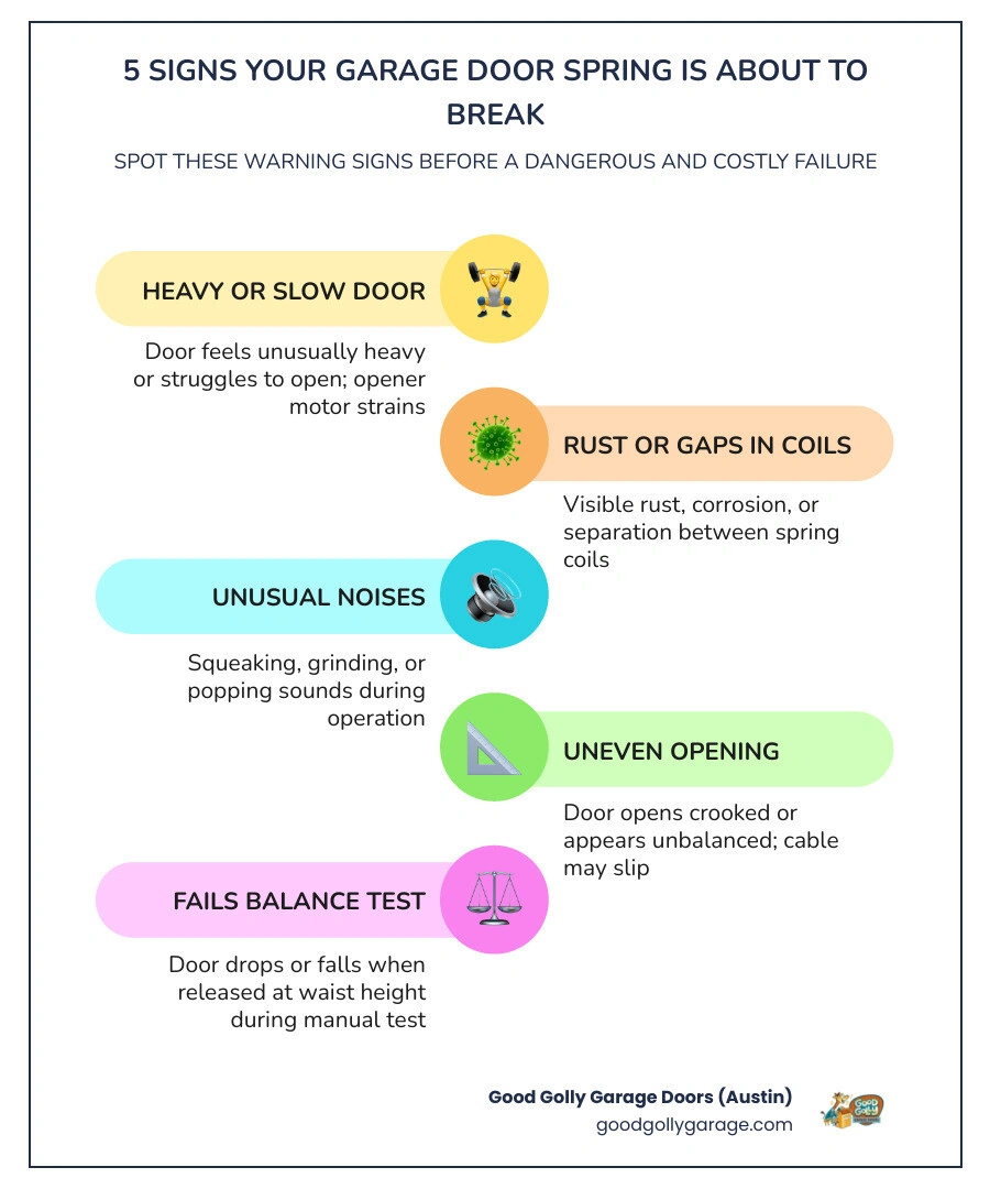 infographic showing 5 warning signs of a failing garage door spring with icons for each sign infographic infographic showing 5 warning signs of a failing garage door spring with icons for each sign infographic