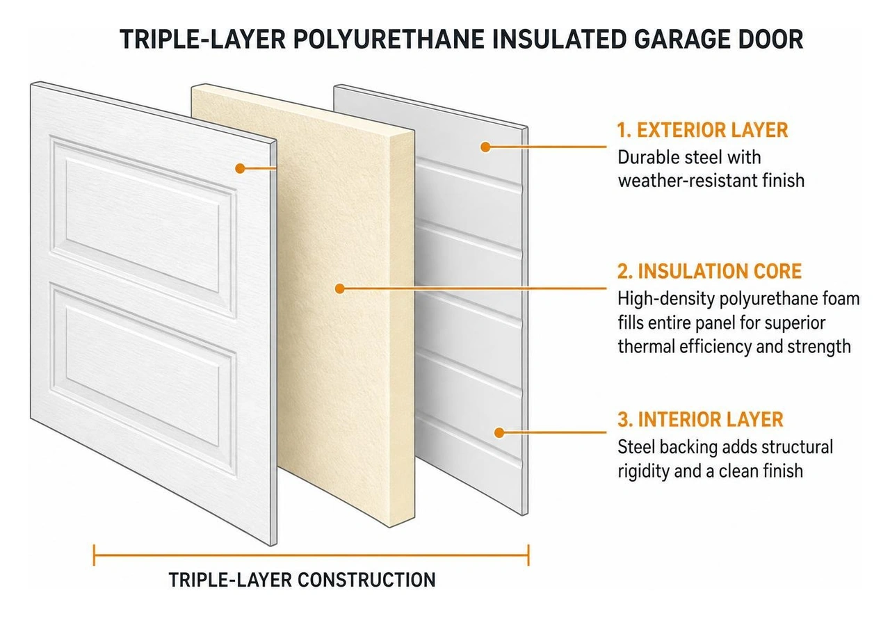 A diagram showing the layers of a triple-layer polyurethane insulated garage door