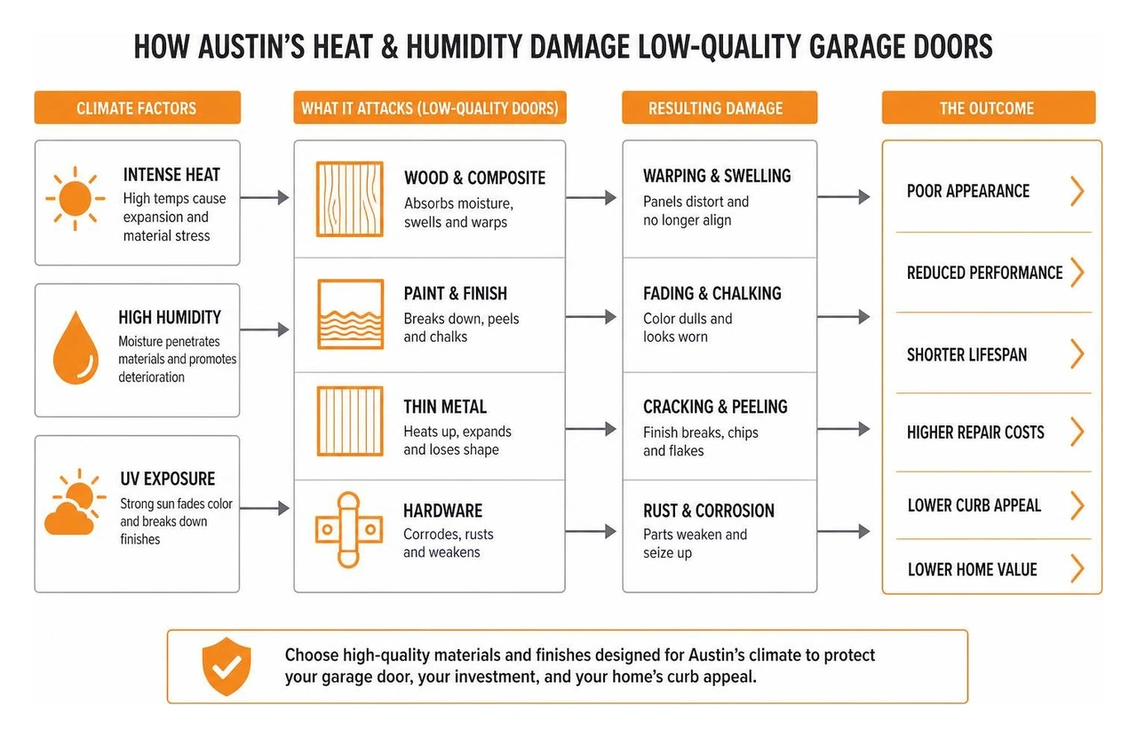 Diagram showing how climate factors like heat and humidity degrade low-quality garage doors Diagram showing how climate factors like heat and humidity degrade low-quality garage doors