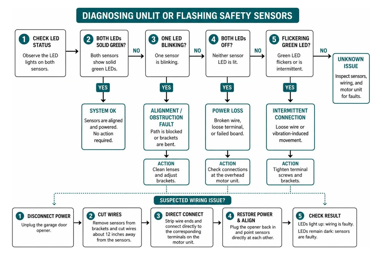 Diagram: Flowchart of steps to diagnose unlit or flashing safety sensors