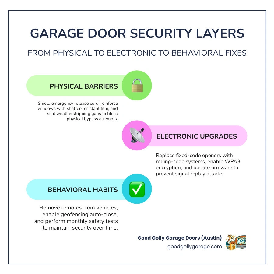 infographic showing garage door security layers from physical to electronic to behavioral with quick fixes for each