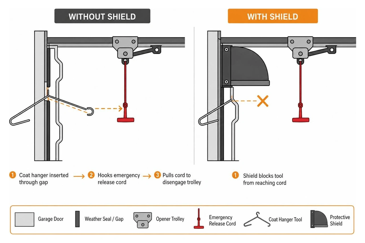 diagram showing the path of a coat hanger bypass tool blocked by a protective shield
