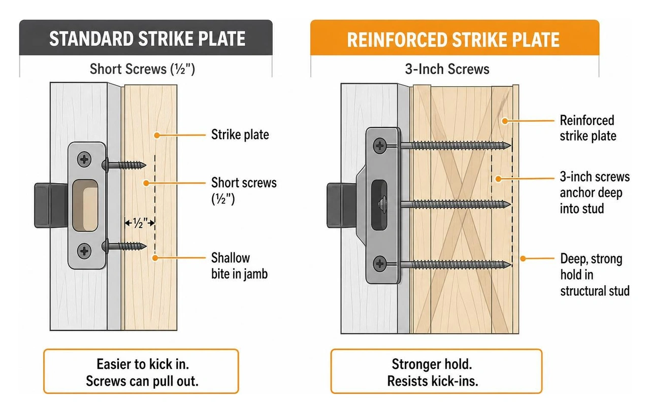 diagram comparing a standard strike plate installation with short screws to a reinforced strike plate using 3-inch screws