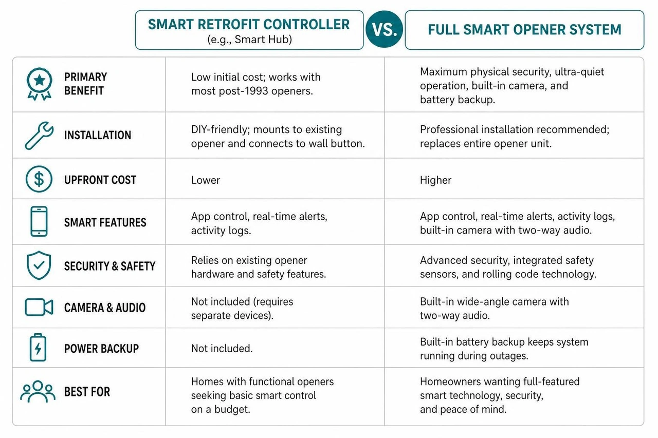 comparison diagram between retrofit controllers and full smart openers