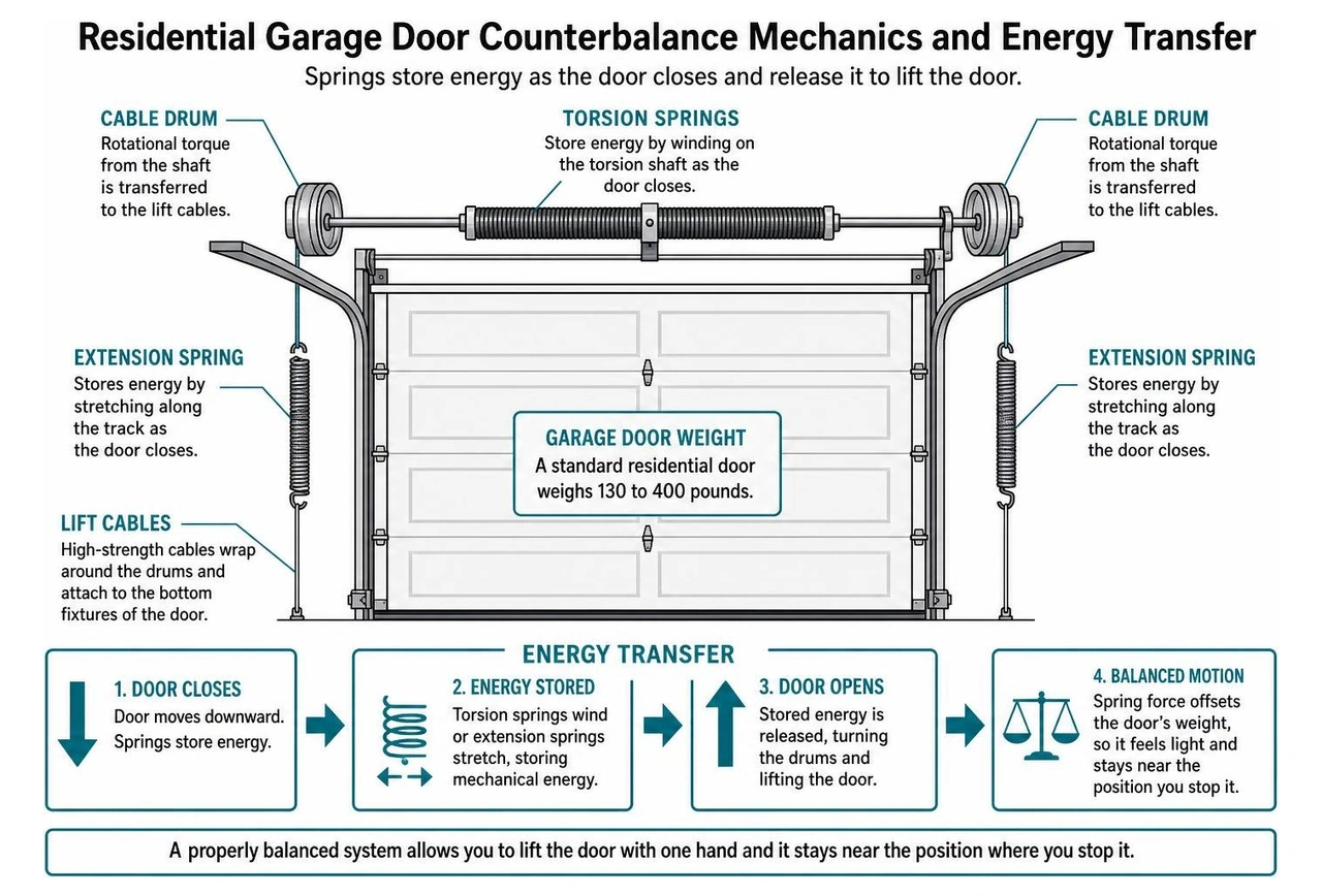 diagram of residential garage door counterbalance mechanics and energy transfer
