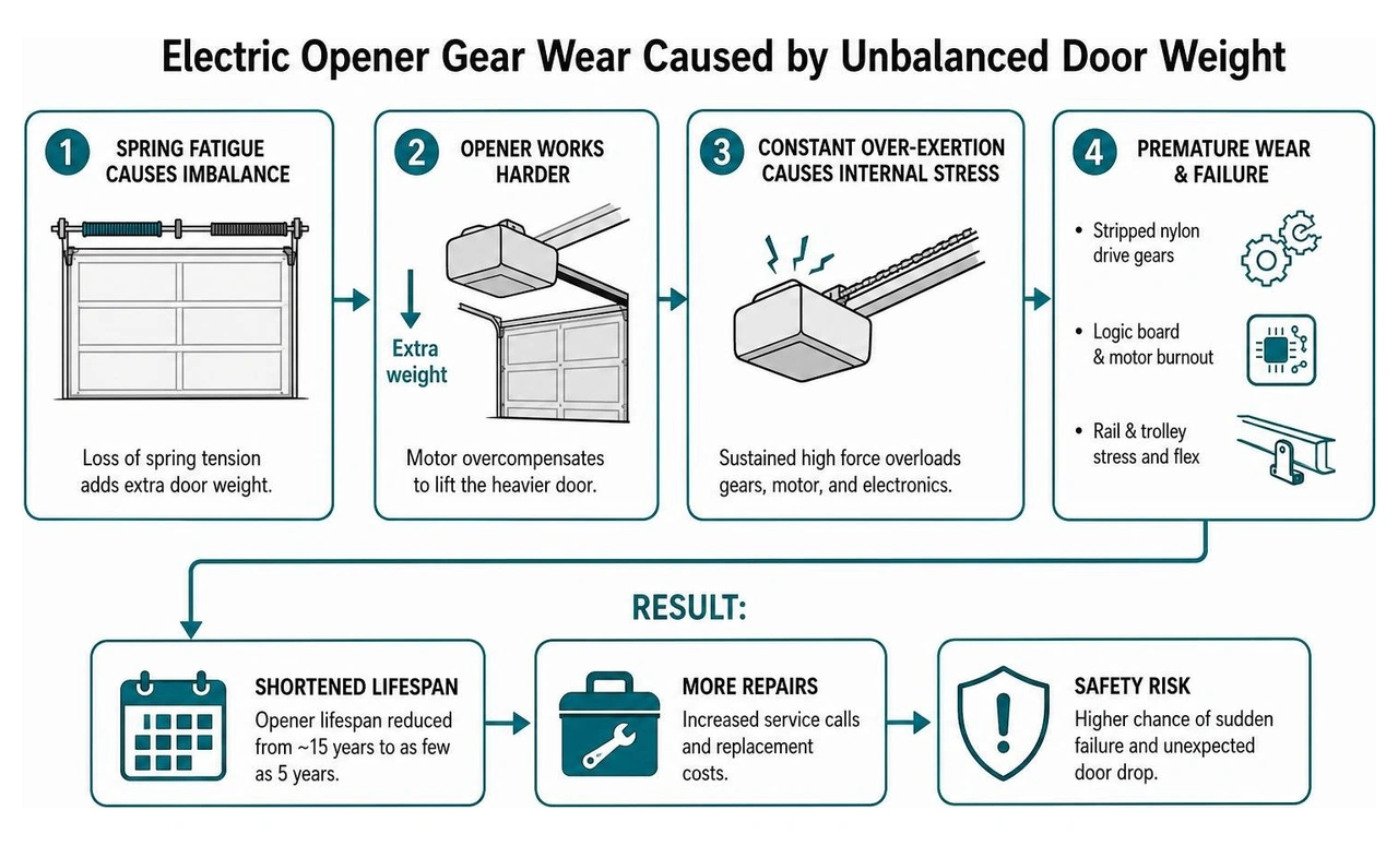 diagram of electric opener gear wear caused by unbalanced door weight
