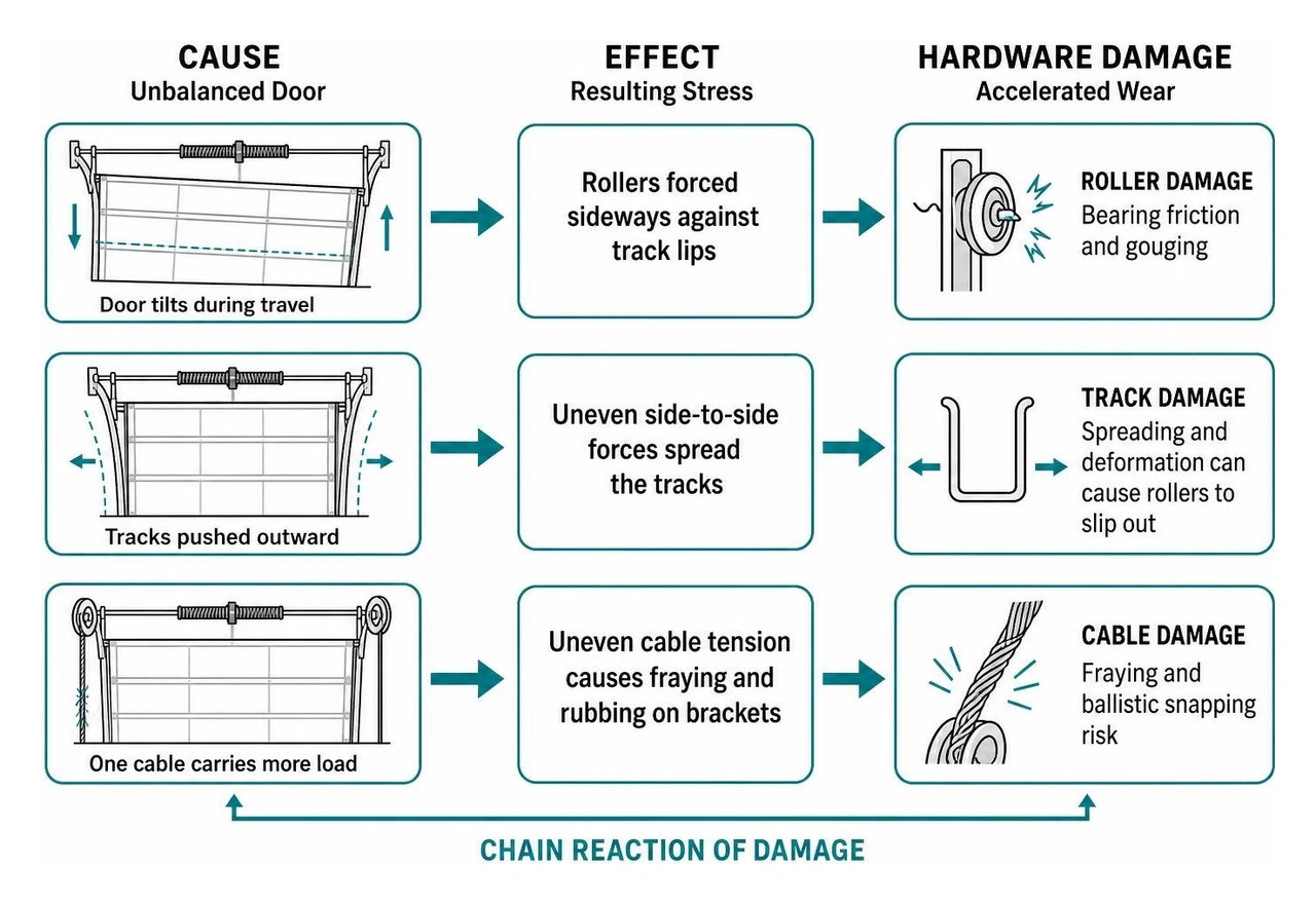 diagram of structural hardware strain caused by unbalanced garage door