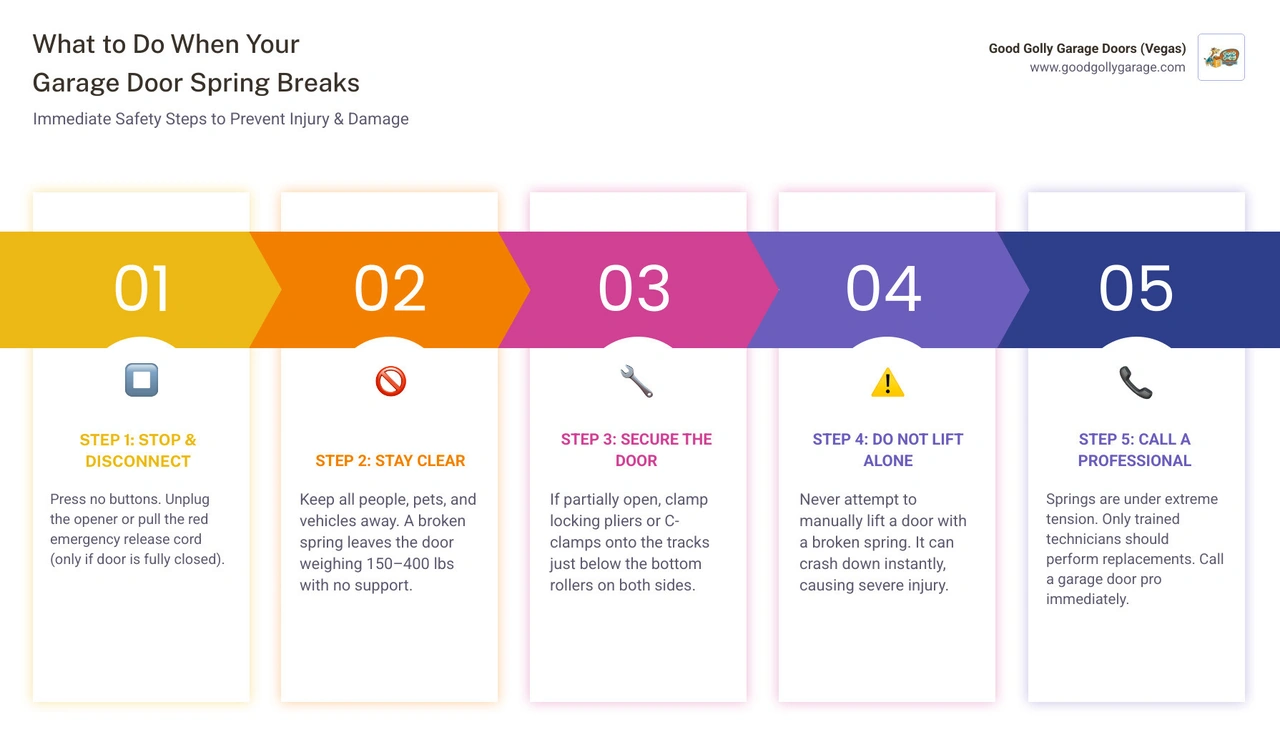Infographic showing 6 immediate safety steps when a garage door spring breaks in Las Vegas infographic Infographic showing 6 immediate safety steps when a garage door spring breaks in Las Vegas infographic