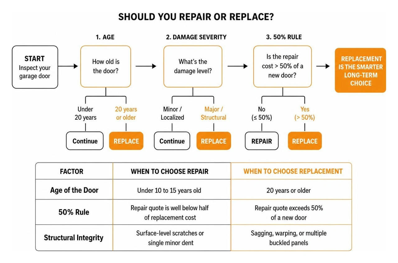 diagram comparing repair vs replacement indicators based on age and damage severity