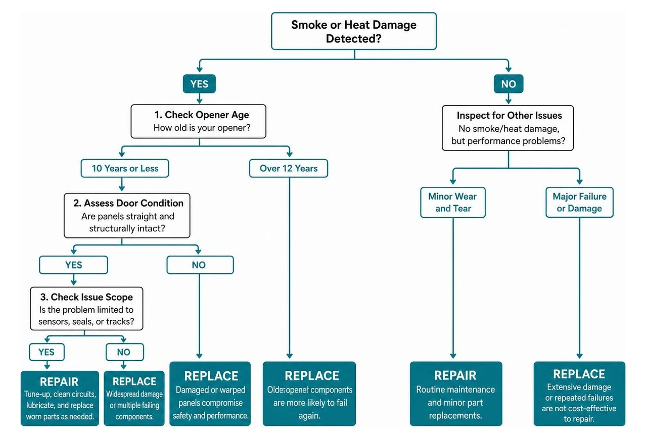 Decision tree flowchart illustrating repair versus replacement choices for smoke-damaged garage doors Decision tree flowchart illustrating repair versus replacement choices for smoke-damaged garage doors