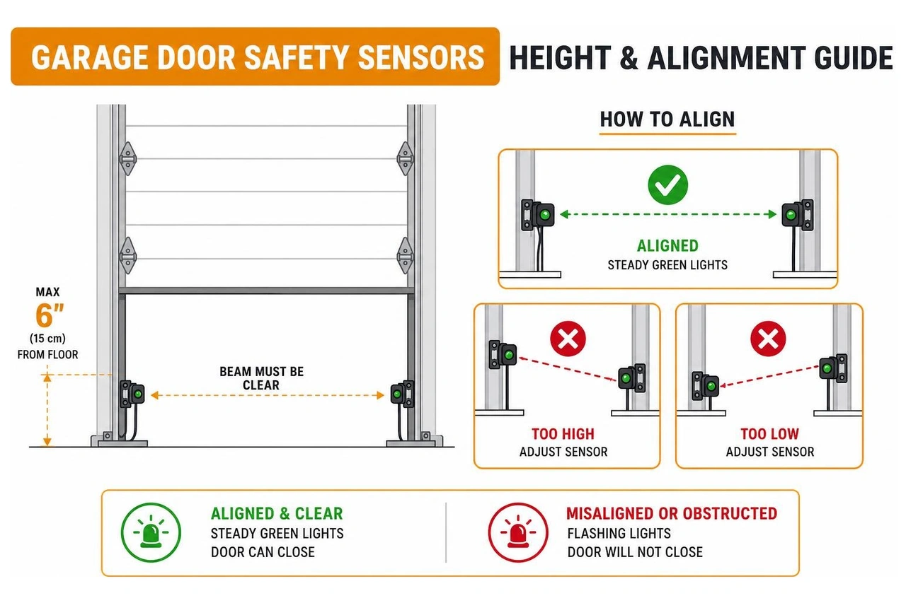 diagram showing the correct height for garage door sensors and how to align them