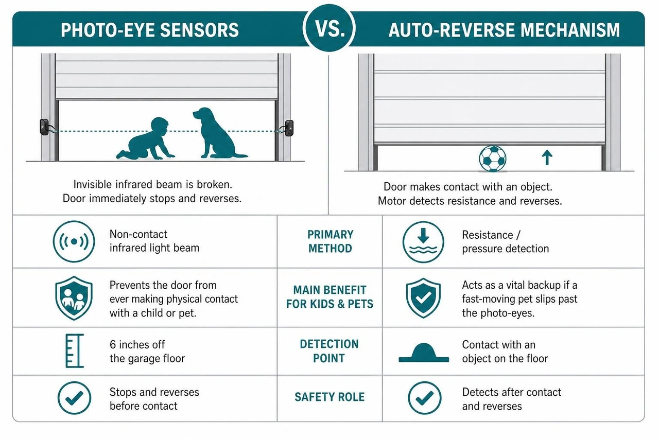 diagram comparing photo-eye sensors and auto-reverse contact mechanisms