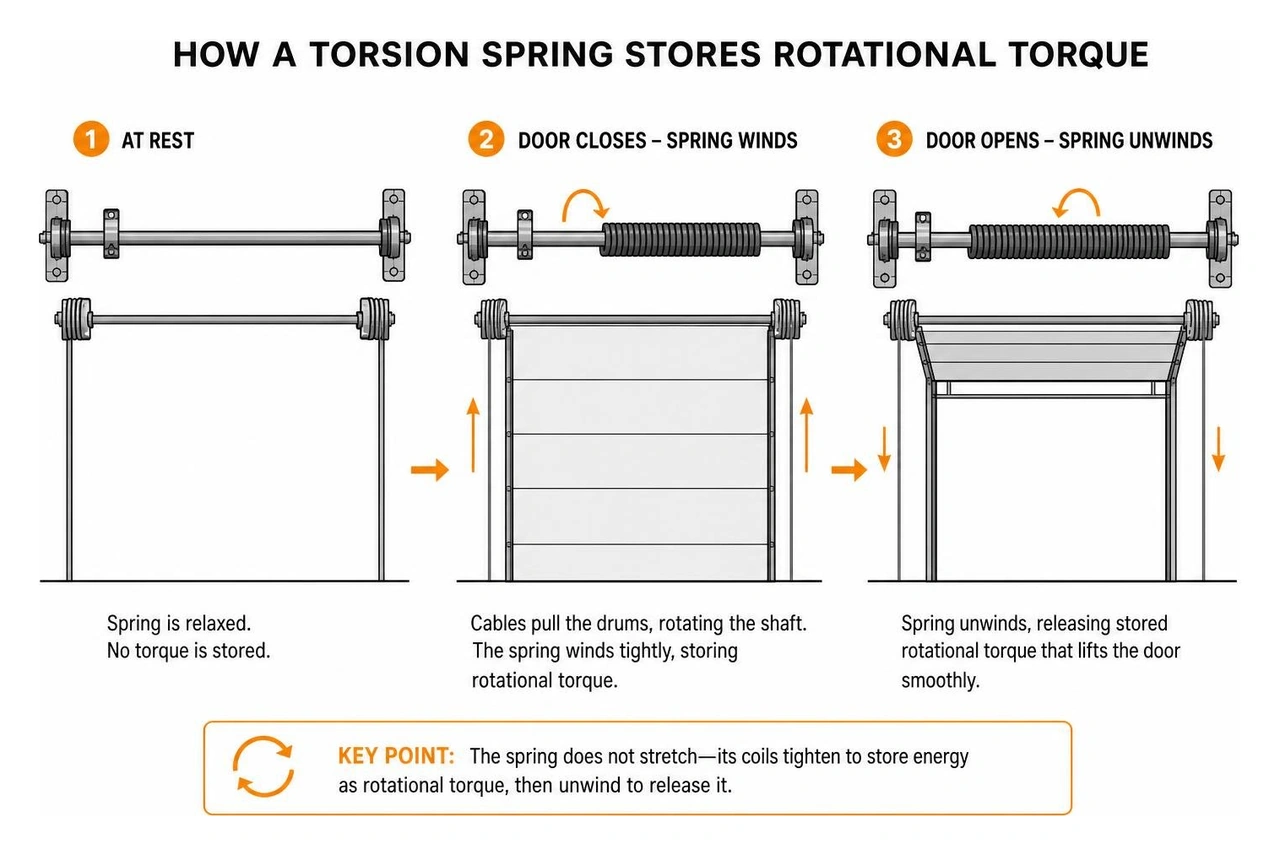 Diagram showing how a torsion spring winds tightly on a horizontal shaft to store rotational torque