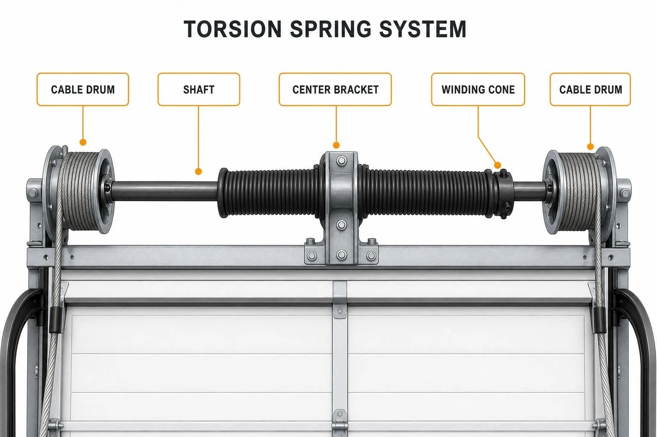 Diagram of a torsion spring system showing the shaft, center bracket, winding cone, and cable drum