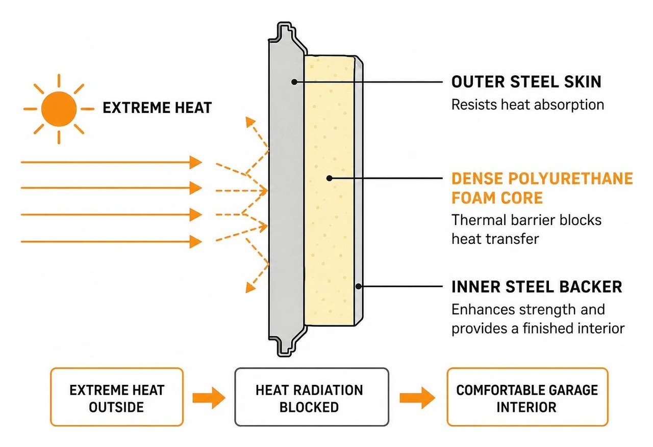 Diagram showing thermal barrier layer construction blocking heat radiation in a garage door panel Diagram showing thermal barrier layer construction blocking heat radiation in a garage door panel
