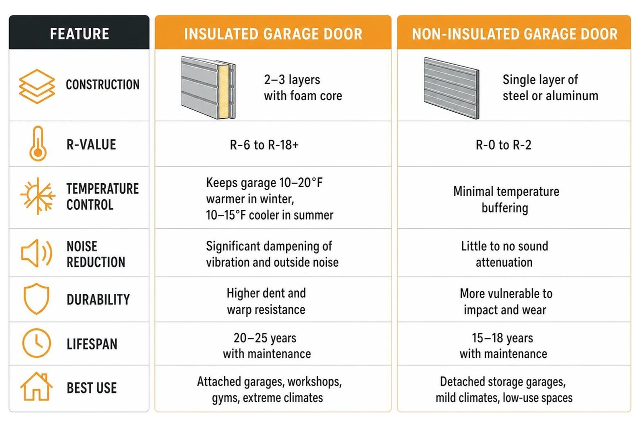 Infographic comparing insulated vs non-insulated garage door construction, R-values, temperature control, noise, and Infographic comparing insulated vs non-insulated garage door construction, R-values, temperature control, noise, and