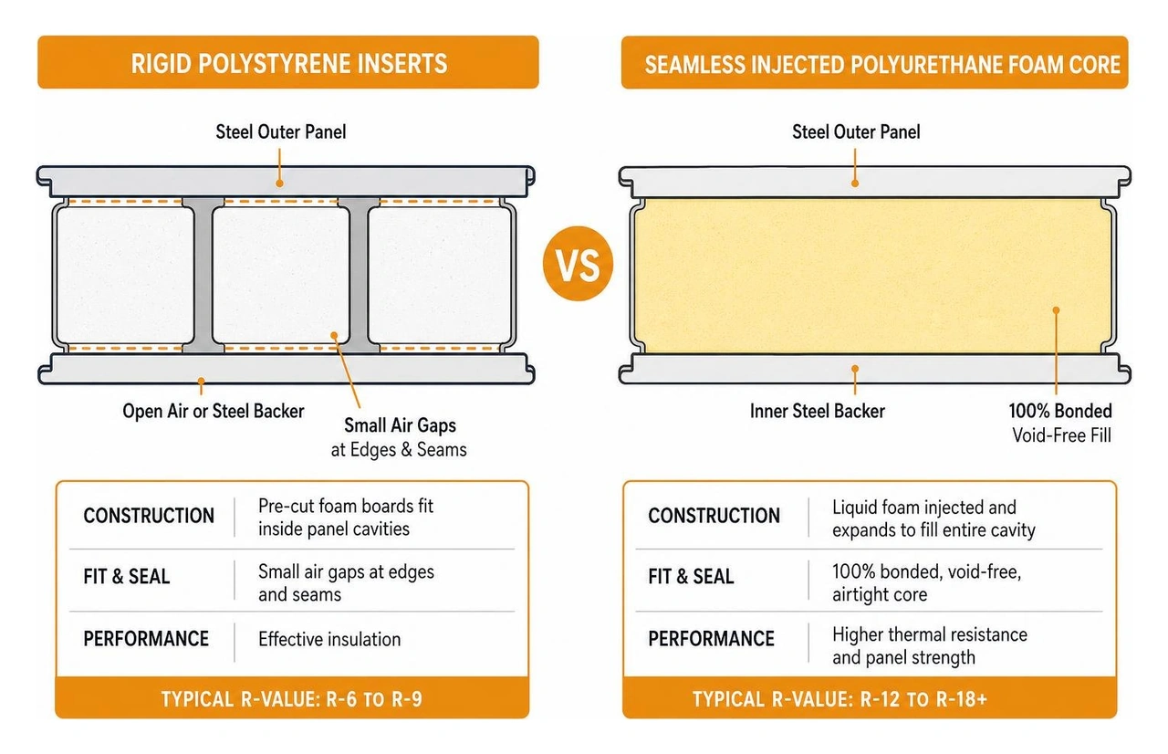 Comparison diagram showing rigid polystyrene inserts versus seamless expanding injected polyurethane foam core Comparison diagram showing rigid polystyrene inserts versus seamless expanding injected polyurethane foam core